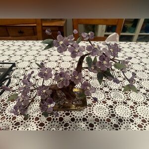 Vintage Made In Hong Kong Bonsai Sculpture Amethyst and Nephrite Tree